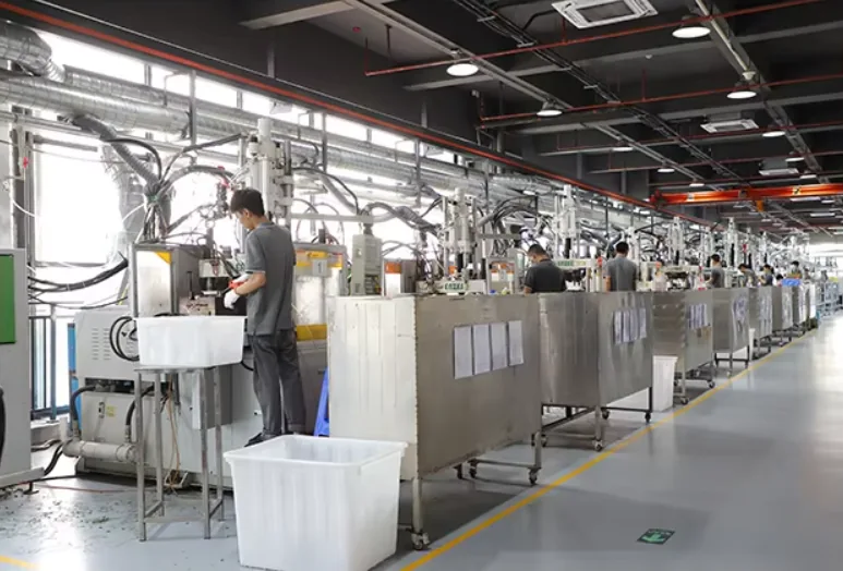 Liquid silicone injection molding workshop with rows of machines