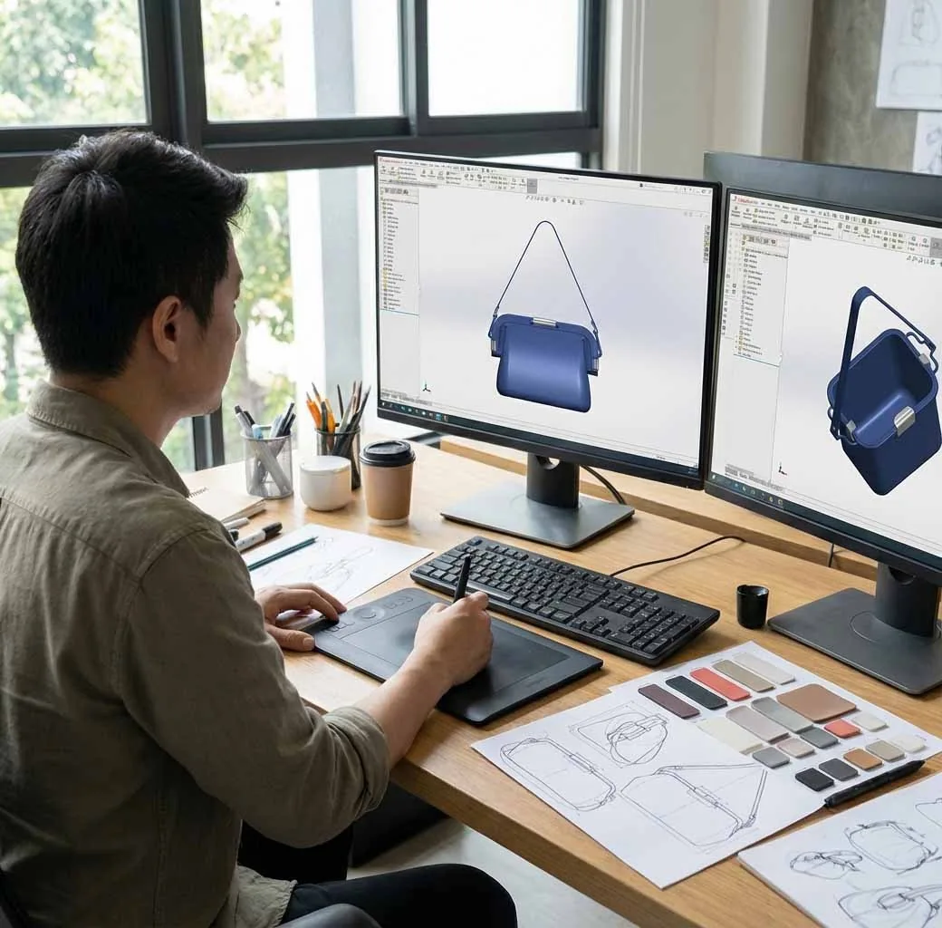 Designer reviewing a silicone product model at a CAD workstation