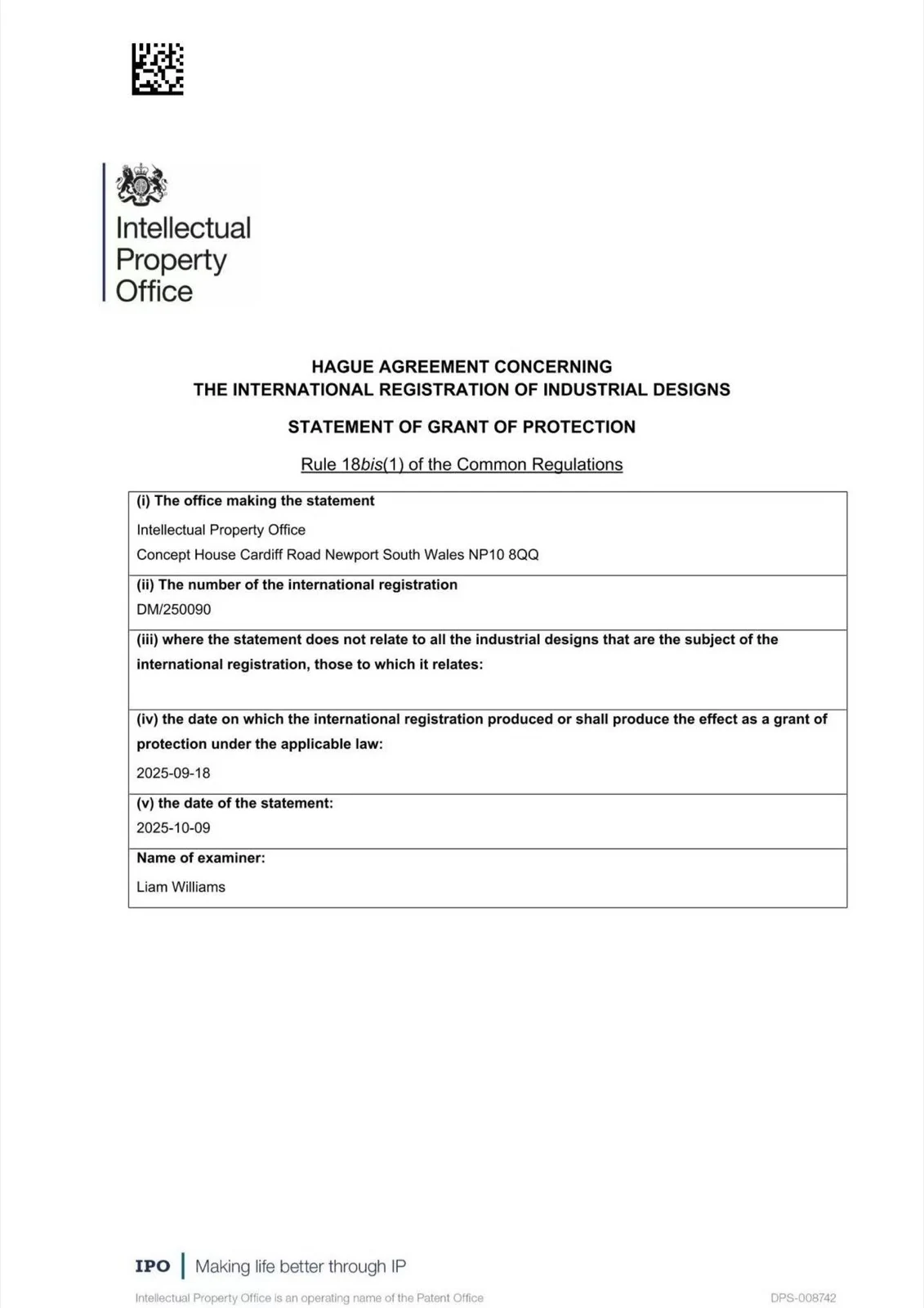 United Kingdom design-registration document