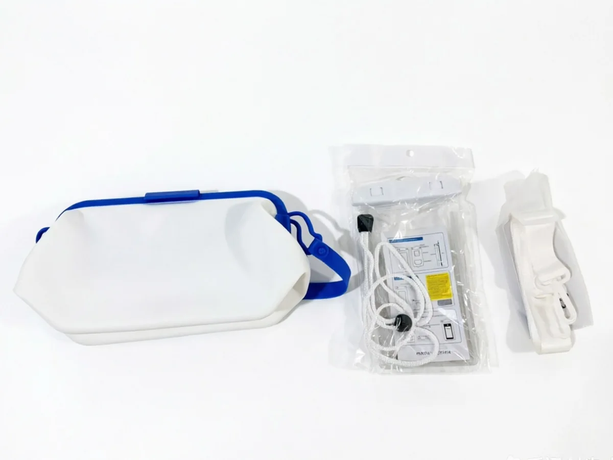 Silicone bag frame, strap and small component samples laid out separately