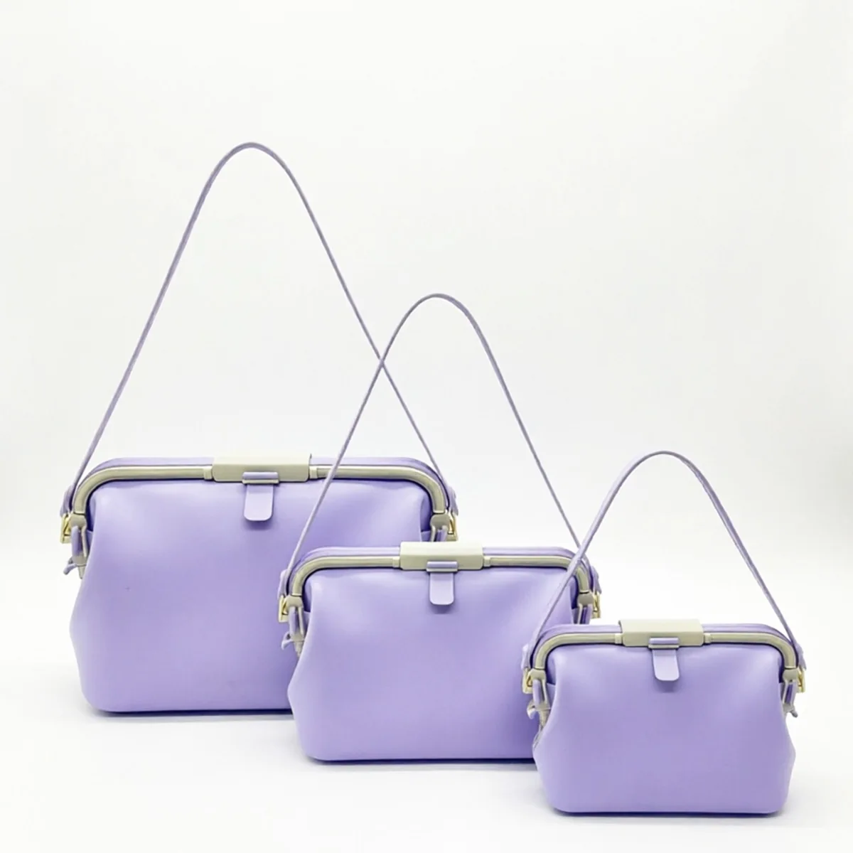 Lavender snap-frame silicone bags in three sizes